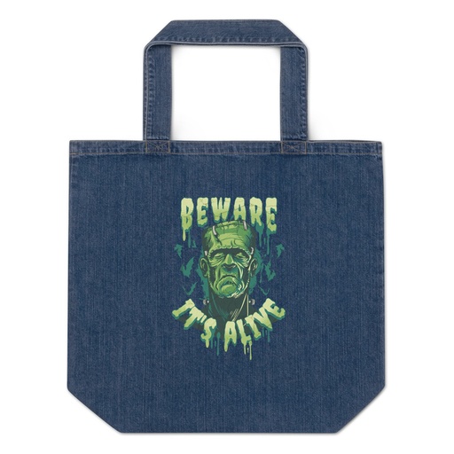 [ID: 528-G197] Beware of Frankenstein - Scary Halloween Organic Denim Tote Bag