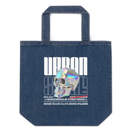 [ID: 528-G213] Black 3D Skull Organic Denim Tote Bag
