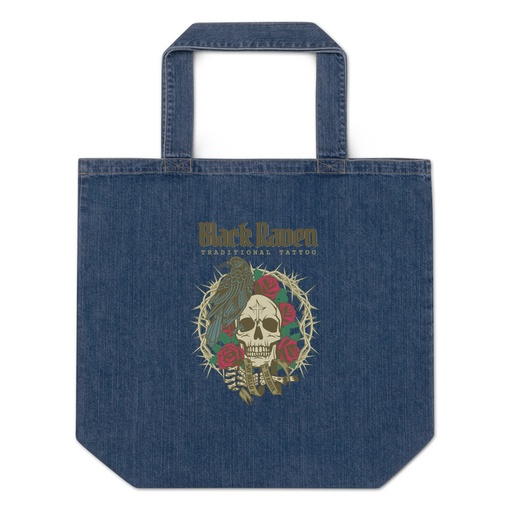 [ID: 528-G229] Black Raven Tattoo - Skull & Thorns Organic Denim Tote Bag