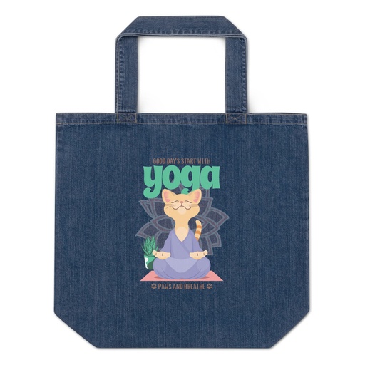 [ID: 528-G339] Cat Yoga - Cute Meditation Organic Denim Tote Bag