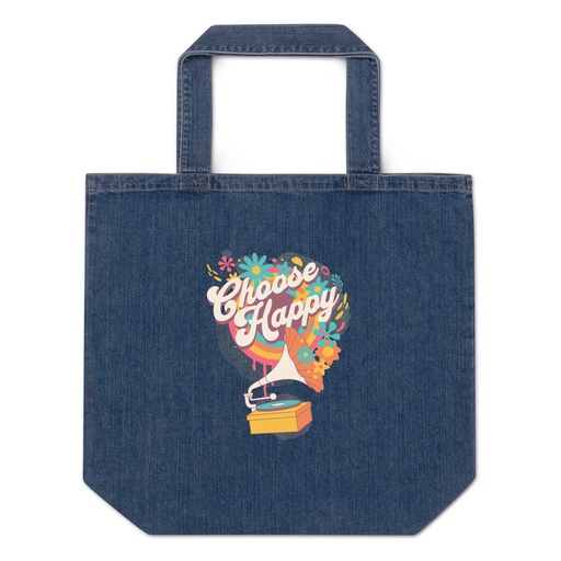 [ID: 528-G370] Choose Happy - Retro Music Organic Denim Tote Bag