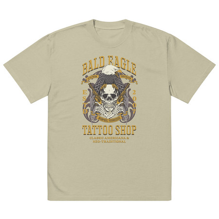 [ID: 713-G133] Bald Eagle Tattoo Shop - Skeleton Oversized Faded T-Shirt