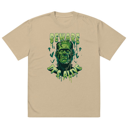 [ID: 713-G197] Beware of Frankenstein - Scary Halloween Oversized Faded T-Shirt