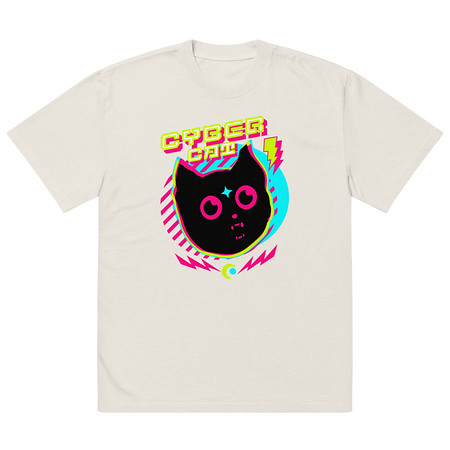 [ID: 713-G456] Cyber Cat - Neon Color Oversized Faded T-Shirt
