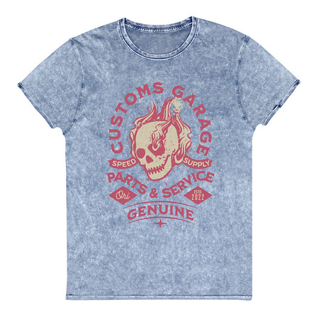 [ID: 462-G447] Customs Garage - Flaming Skull Unisex Denim T-Shirt