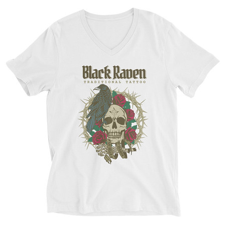 [ID: 223-G229] Black Raven Tattoo - Skull & Thorns Unisex V-Neck Tee