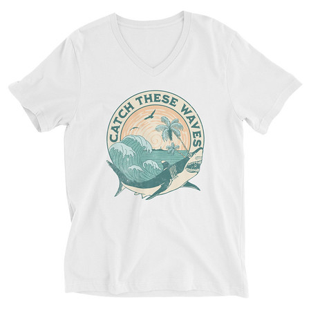 [ID: 223-G345] Catch These Waves Shark  Unisex V-Neck Tee