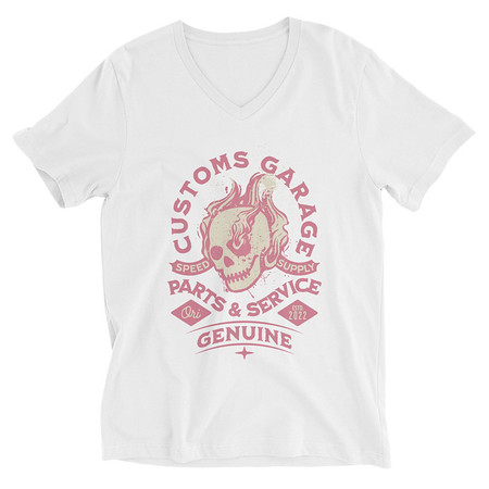 [ID: 223-G447] Customs Garage - Flaming Skull Unisex V-Neck Tee