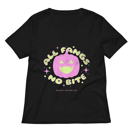 [ID: 782-G44] All Fangs No Bite - Halloween Women's Relaxed V-Neck T-Shirt