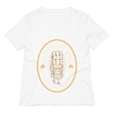 [ID: 782-G125] Backpackers Tribe - Adventure Badge Women's Relaxed V-Neck T-Shirt