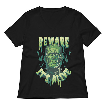 [ID: 782-G197] Beware of Frankenstein - Scary Halloween Women's Relaxed V-Neck T-Shirt