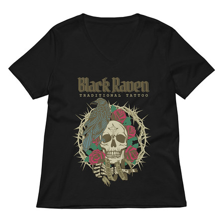 [ID: 782-G229] Black Raven Tattoo - Skull & Thorns Women's Relaxed V-Neck T-Shirt