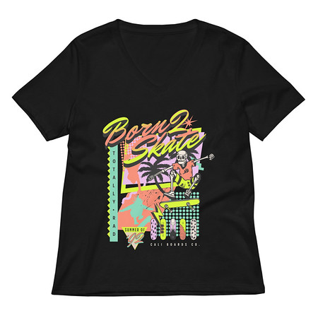 [ID: 782-G256] Born 2 Skate - Retro Skeleton Women's Relaxed V-Neck T-Shirt