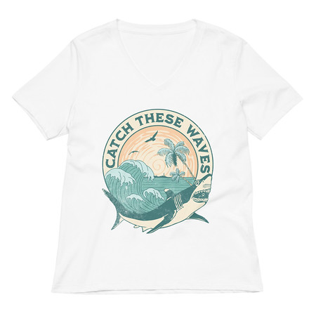 [ID: 782-G345] Catch These Waves Shark  Women's Relaxed V-Neck T-Shirt