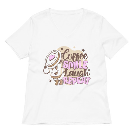 [ID: 782-G402] Coffee is Happiness - Retro Cartoon Mascot Women's Relaxed V-Neck T-Shirt