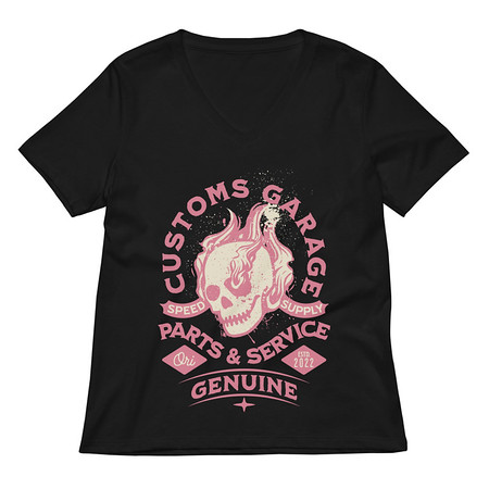 [ID: 782-G447] Customs Garage - Flaming Skull Women's Relaxed V-Neck T-Shirt
