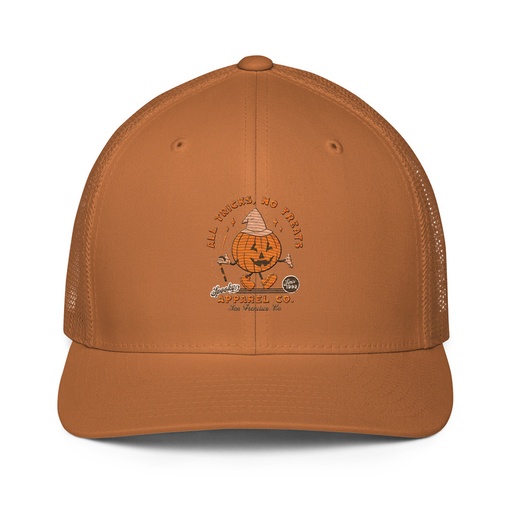 [ID: 596-G47] All Tricks No Treats - Pumpkin Mascot Closed-Back Trucker Cap