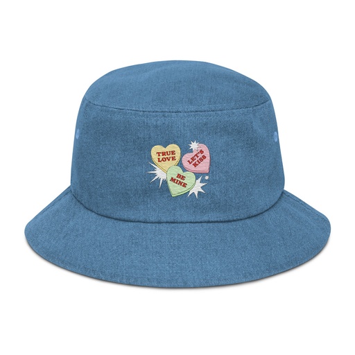 [ID: 501-G331] Candy Hearts - Valentine's Day Denim Bucket Hat