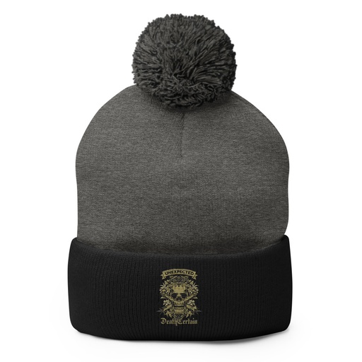 [ID: 93-G477] Death Certain and Unexpected Pom-Pom Knit Cap