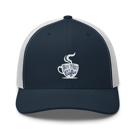[ID: 252-G300] But First Coffee - Hand Lettering Typography Retro Trucker Hat