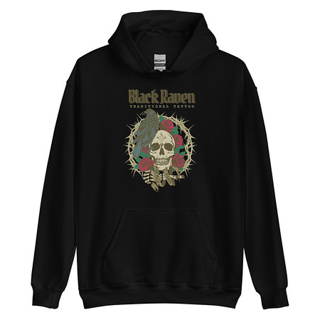 [ID: 146-G229] Black Raven Tattoo - Skull & Thorns Unisex Heavy Blend Hoodie