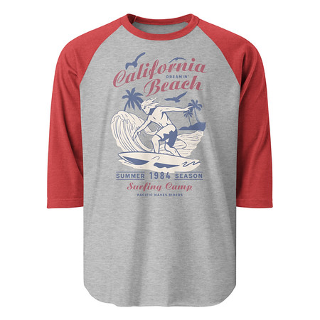 [ID: 233-G313] California Beach Surfing Unisex 3/4 Sleeve Raglan Shirt