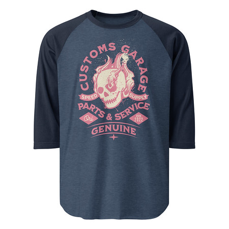 [ID: 233-G447] Customs Garage - Flaming Skull Unisex 3/4 Sleeve Raglan Shirt