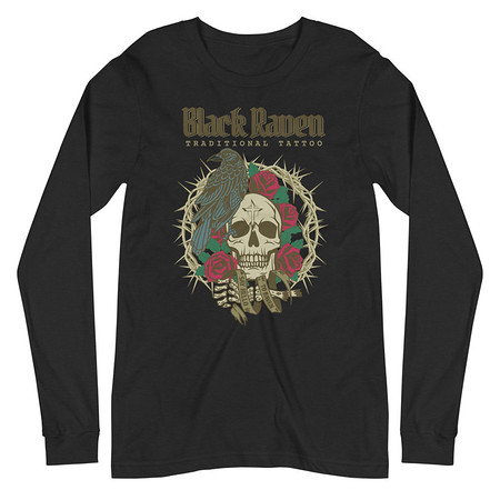 [ID: 356-G229] Black Raven Tattoo - Skull & Thorns Unisex Long Sleeve Tee