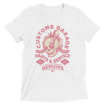 [ID: 162-G447] Customs Garage - Flaming Skull Unisex Tri-Blend T-Shirt