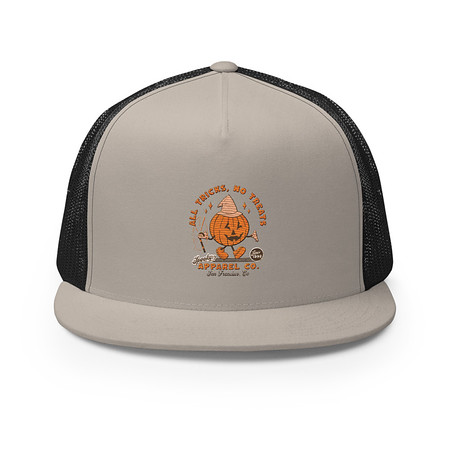 [ID: 100-G47] All Tricks No Treats - Pumpkin Mascot 5 Panel Trucker Cap