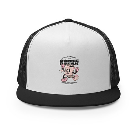 [ID: 100-G395] Coffee Break Mascot 5 Panel Trucker Cap