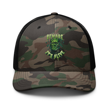 [ID: 680-G197] Beware of Frankenstein - Scary Halloween Camouflage Trucker Hat
