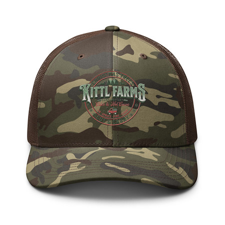 [ID: 680-G376] Christmas Tree Farm - Vintage Holiday Badge Camouflage Trucker Hat